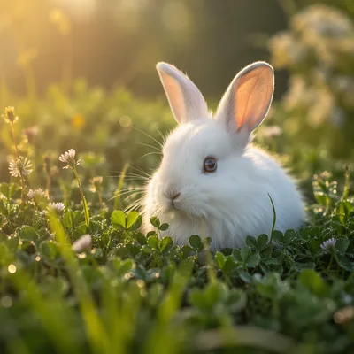 Fluffy White Rabbit in Sunrise Clover