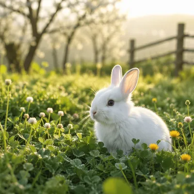 Fluffy White Rabbit in Morning Clover