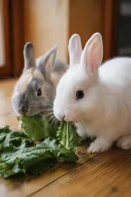 Cute Fluffy Rabbits Eating Leafy Greens