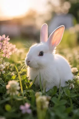 Fluffy White Rabbit in Spring Meadow