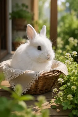Cute Fluffy White Rabbit in Basket