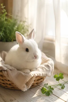 Cute White Rabbit on Sunlit Windowsill