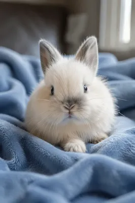 Fluffy White Bunny on Blue Blanket