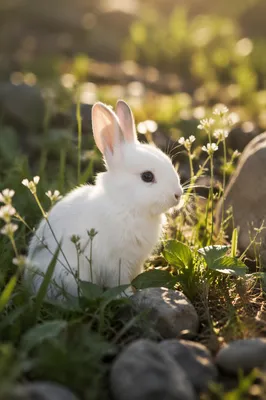 Fluffy White Rabbit in Morning Garden