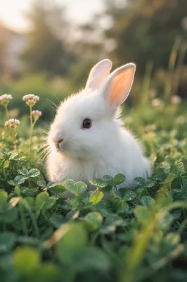 Fluffy White Rabbit in Sunrise Clover