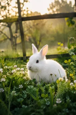 Fluffy White Rabbit in Morning Clover