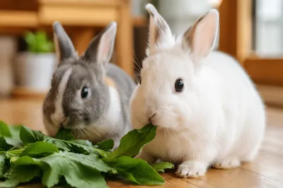Cute White Rabbits Eating Leafy Greens