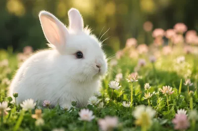 Fluffy White Rabbit in Spring Meadow