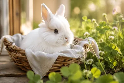 Cute White Bunny in Wicker Basket