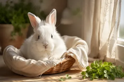 Cute Fluffy White Rabbit by Window