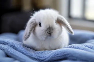 Fluffy White Bunny on Blue Blanket