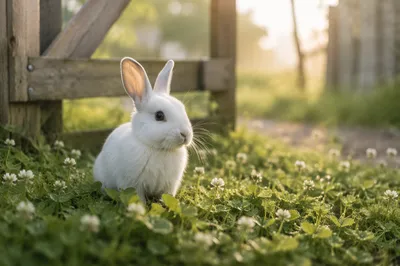 Fluffy White Rabbit in Spring Clover