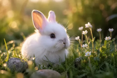 Cute White Rabbit in Sunrise Garden