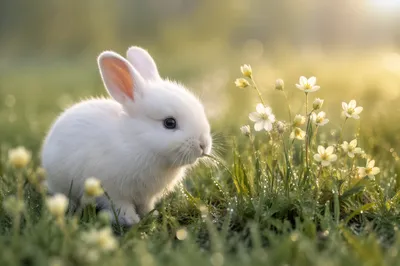 Fluffy White Rabbit in Spring Meadow