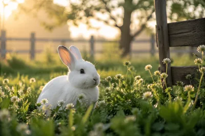 Fluffy White Rabbit in Morning Clover