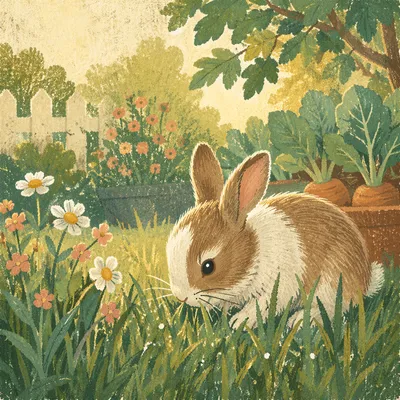 Peaceful Rabbit Eating Grass in Garden