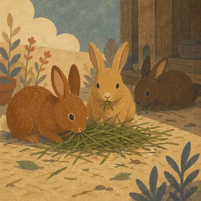 Three Rabbits Eating Grass in Garden