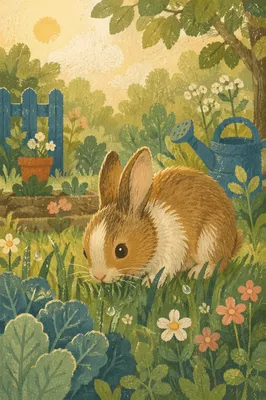 Peaceful Garden Bunny Eating Morning Grass