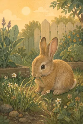 Rabbit Bunny Eating Grass at Sunrise