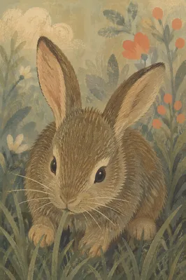 Wild Bunny Nibbling Grass in Garden