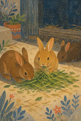 Three Rabbits Eating Grass in Garden