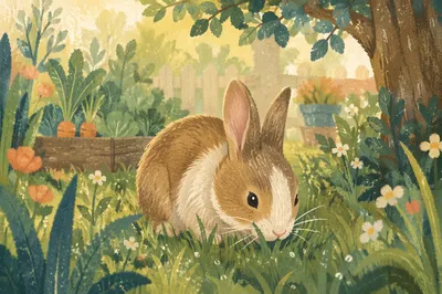 Peaceful Rabbit Bunny in Dewy Garden