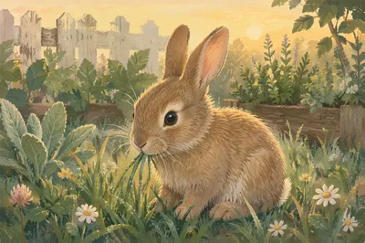 Rabbit Bunny Eating Grass at Sunrise