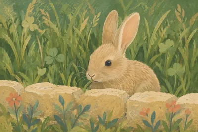 Rabbit Nibbling Grass in Garden Light
