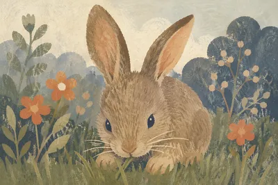 Wild Rabbit Nibbling Grass in Garden