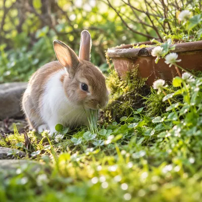 Rabbit Bunny Eating Grass in Garden