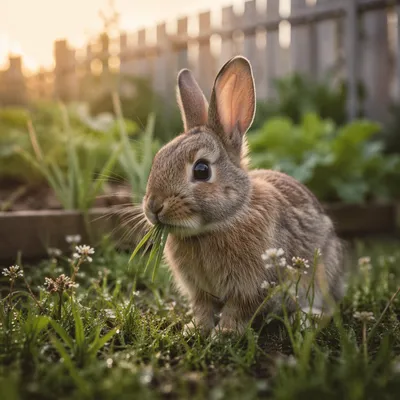 Rabbit Bunny Nibbling Grass at Sunrise