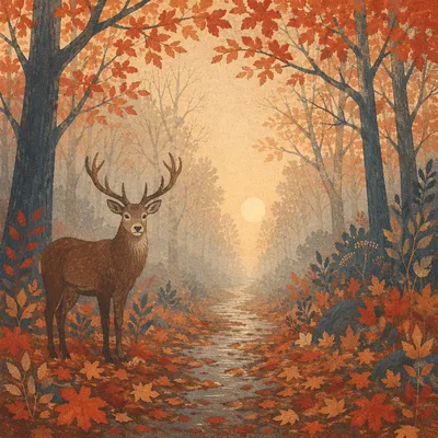 Serene Stag on Misty Autumn Forest Path