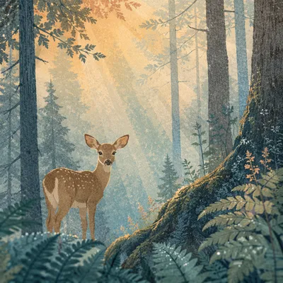 Young Deer in Misty Morning Forest