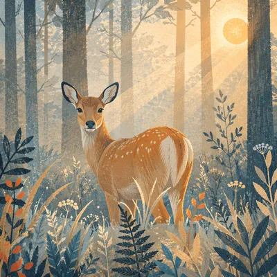 Young Deer in Misty Forest Sunrise