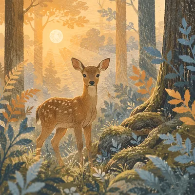 Young Deer in Misty Morning Forest