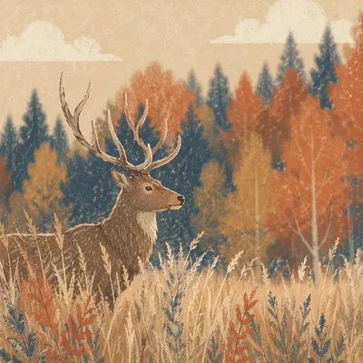 Morning Stag in Autumn Forest Meadow