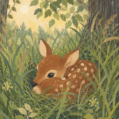 Peaceful Fawn Resting in Morning Forest Grass