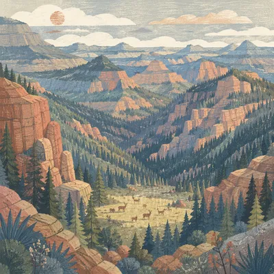 Morning Deer Herd in Rugged Forest Canyon