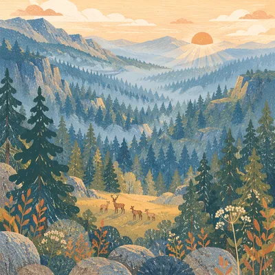 Deer in Misty Morning Forest Valley