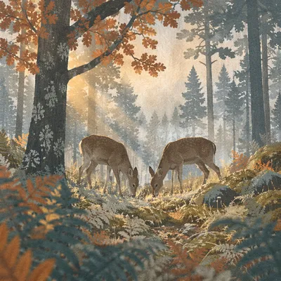 Misty Morning Deer in Forest Clearing