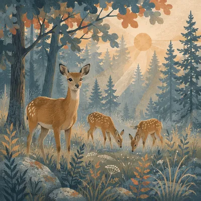 Deer in Misty Morning Forest Clearing