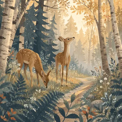 Deer Grazing in Misty Morning Forest
