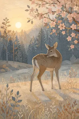 Serene Deer in Misty Morning Forest