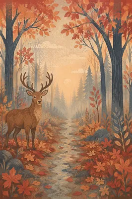 Serene Stag on Foggy Autumn Forest Path