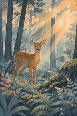 Young Deer in Misty Morning Forest