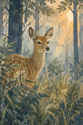 Young Deer in Misty Morning Forest