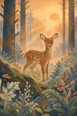 Young Deer in Misty Morning Forest