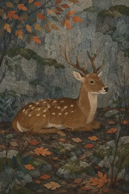 Spotted Deer Resting in Morning Forest