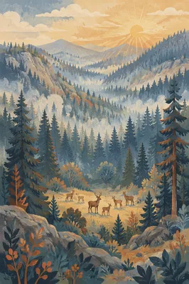 Deer in Misty Morning Forest Valley