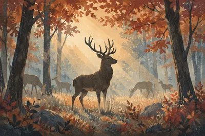 Misty Morning Stag in Autumn Forest